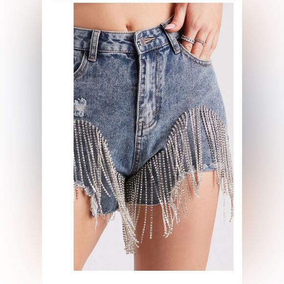 On The Fringe Rhinestone Denim Shorts - Picture 4 of 6